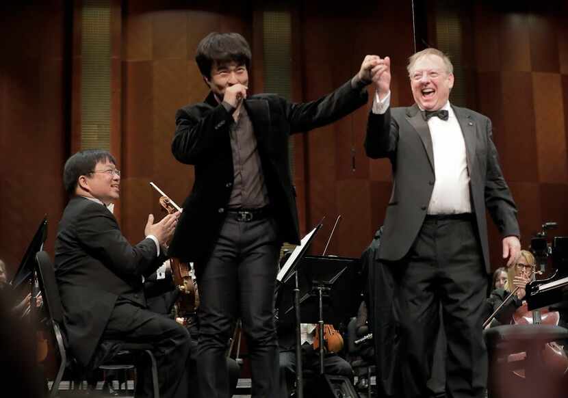 Pianist Dasol Kim took a bow with conductor Nicholas McGegan after performing with the Fort...