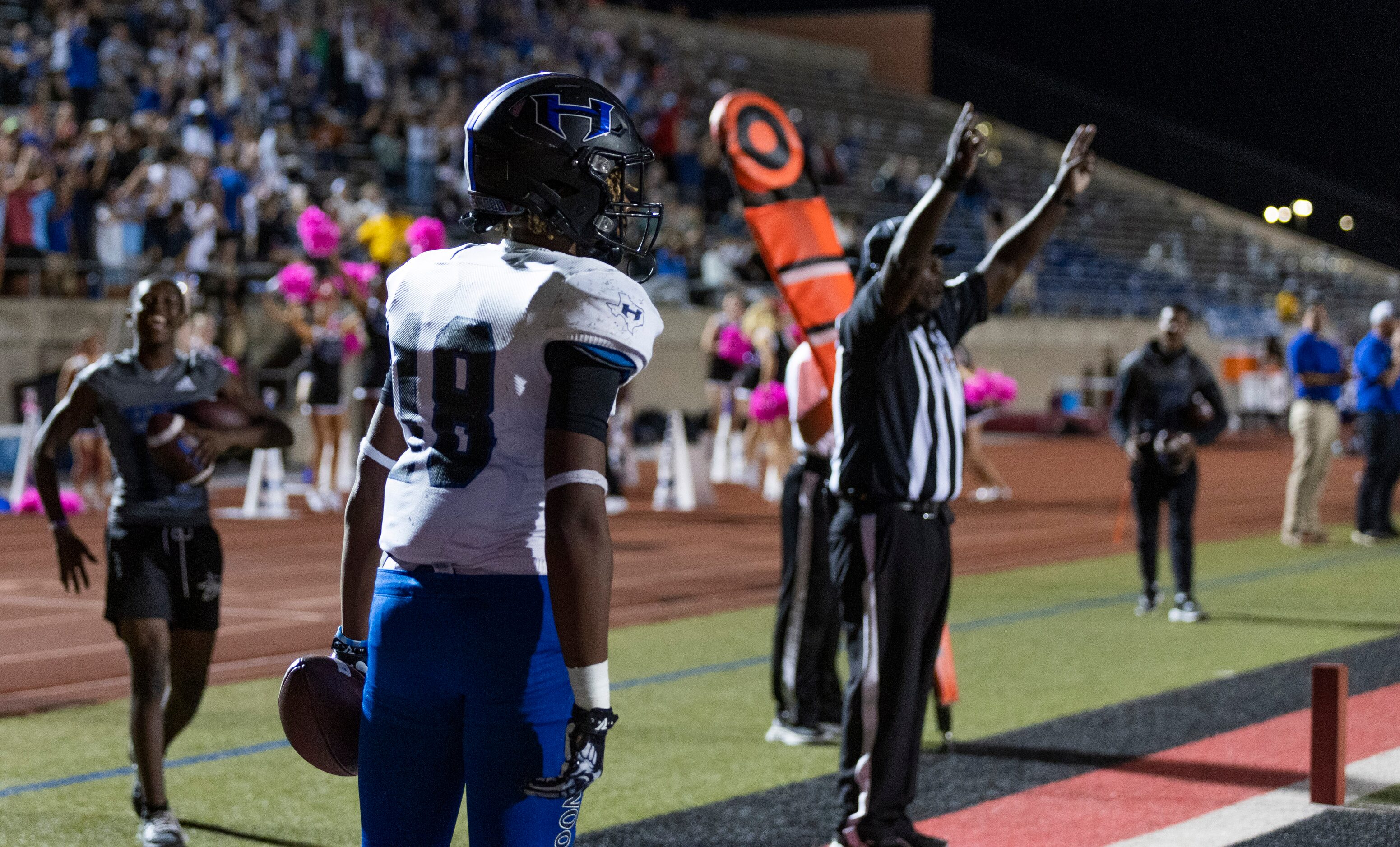 Hebron sophomore wide receiver JJ Hatcher (18) celebrates scoring a touchdown during the...