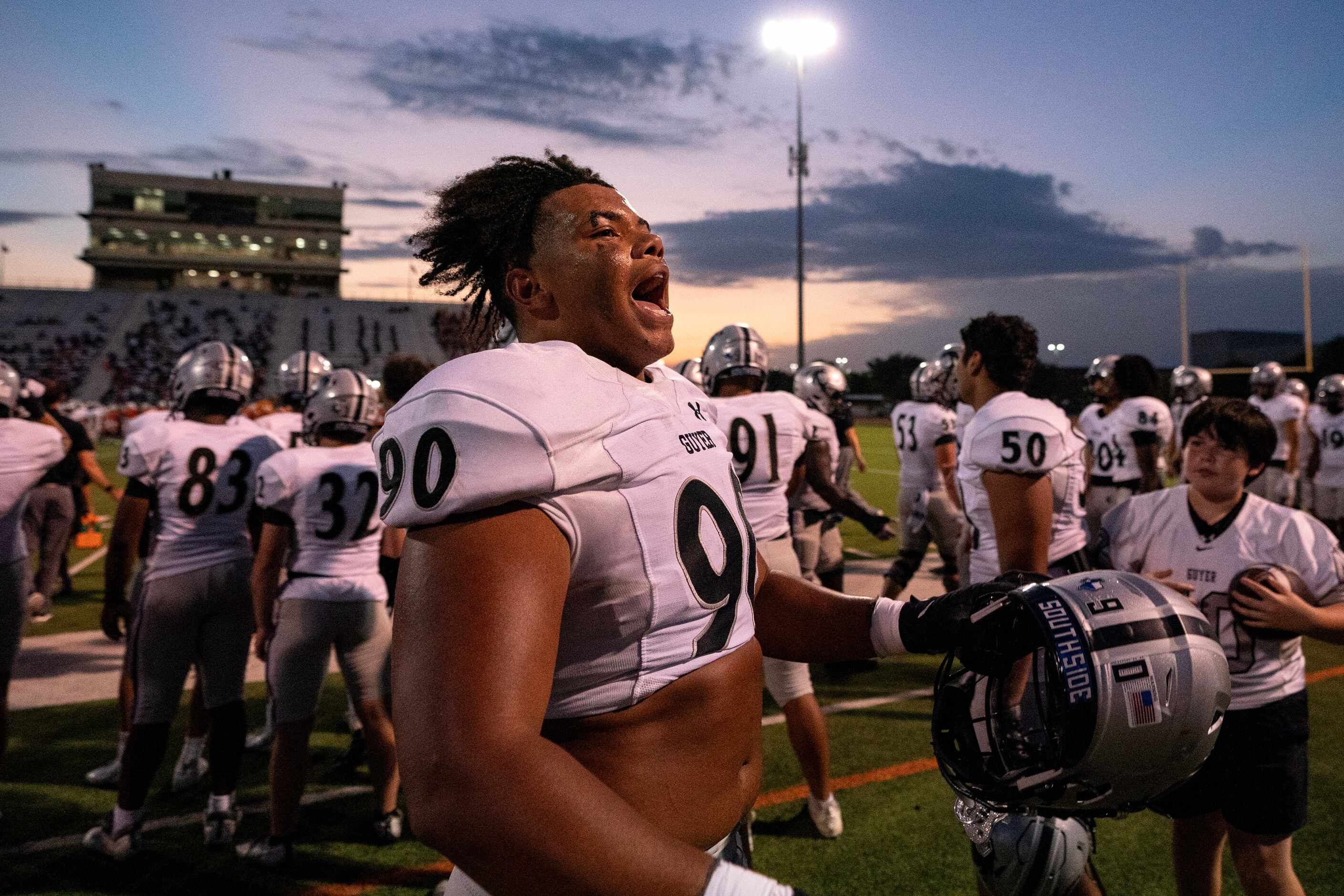 Denton Guyer freshman defensive lineman Khyren Haywood (90) celebrates a sack during the...