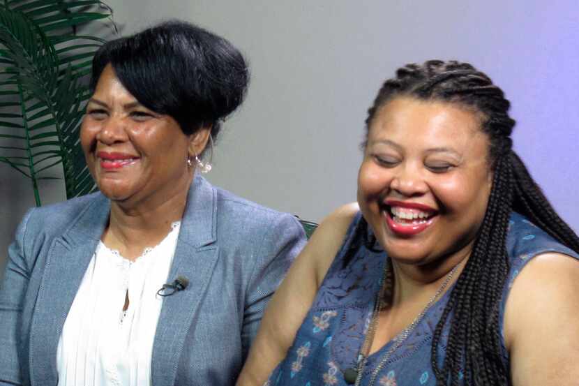 Alice Marie Johnson, left, and her daughter Katina Marie Scales wait to start a TV interview...