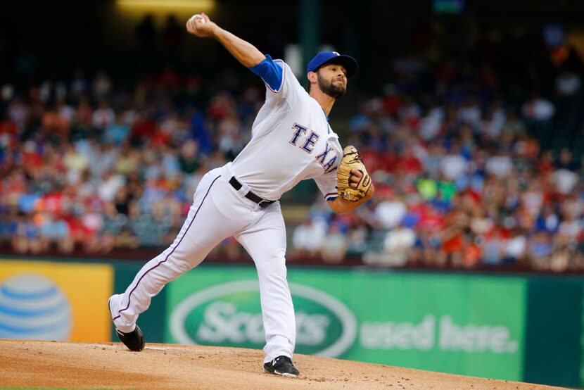 Texas Rangers starting pitcher Nick Martinez (22) delivers a pitch at Globe Life Ballpark in...