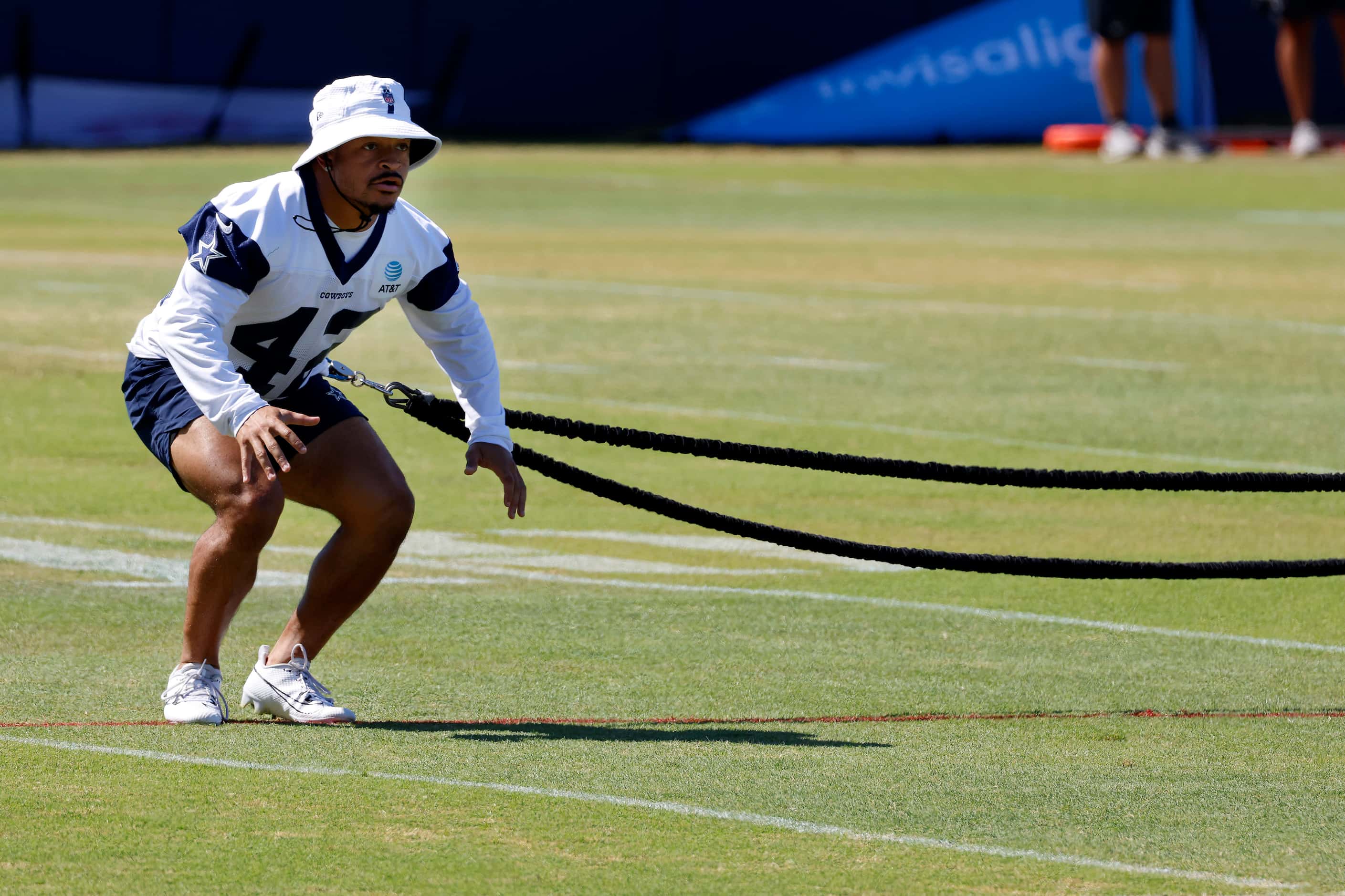 Dallas Cowboys running back Deuce Vaughn (42) works out on the exercise cord in Oxnard,...