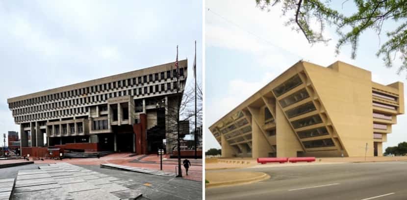 The brutalist city halls of Boston (left) and Dallas (right).