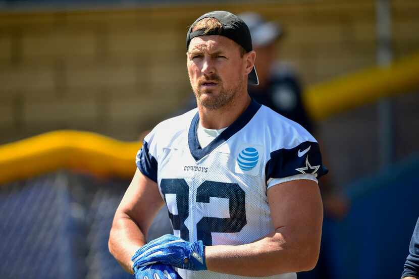 FILE - In this July 25, 2017, file photo, Dallas Cowboys tight end Jason Witten takes the...