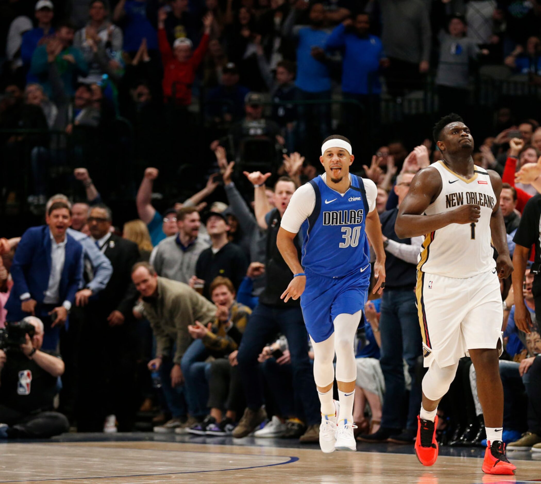 Dallas Mavericks guard Seth Curry (30) celebrates after making a three pointer late in the...