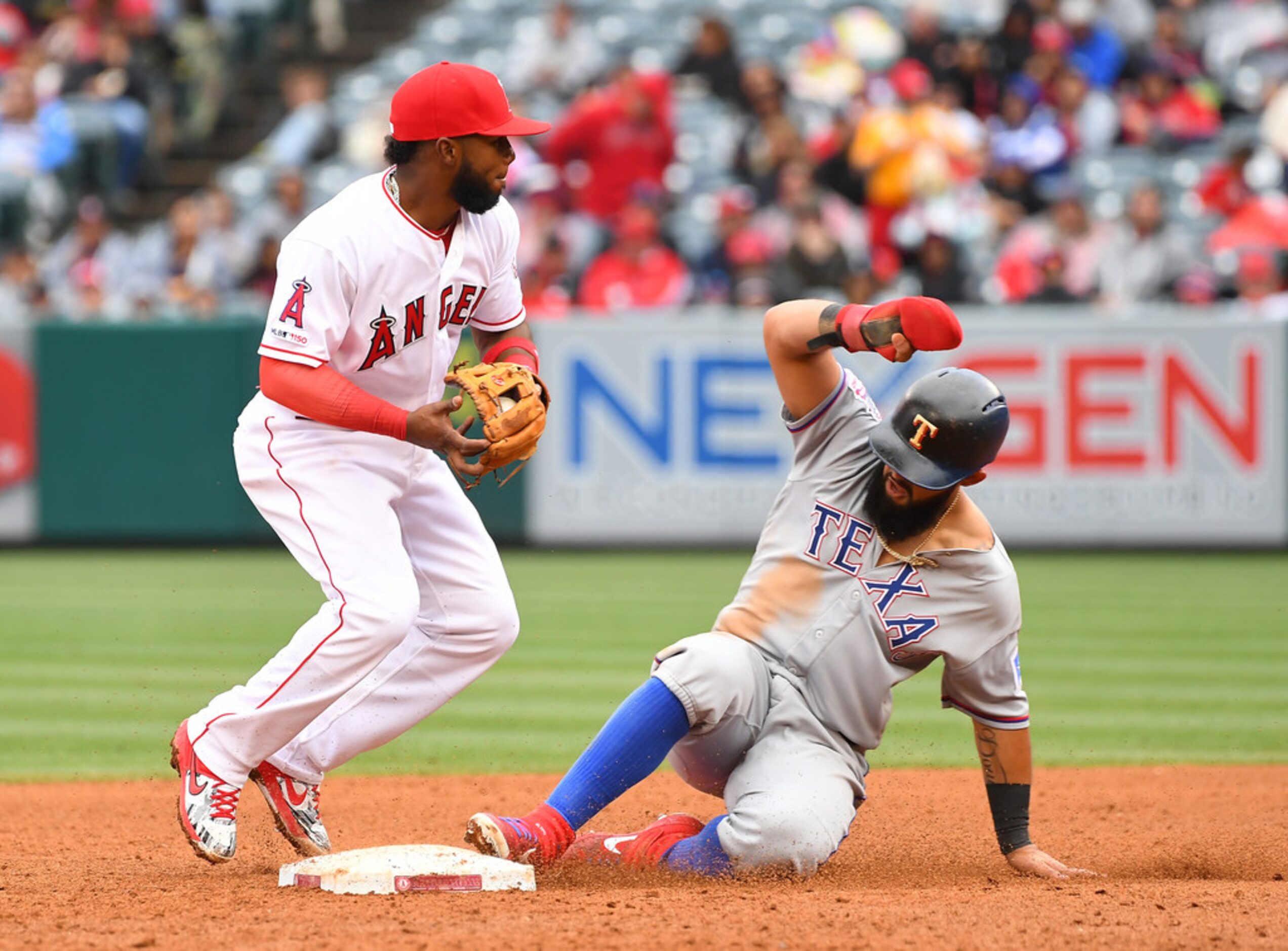 ANAHEIM, CA - MAY 26:  Luis Rengifo #4 of the Los Angeles Angels of Anaheim takes the throw...