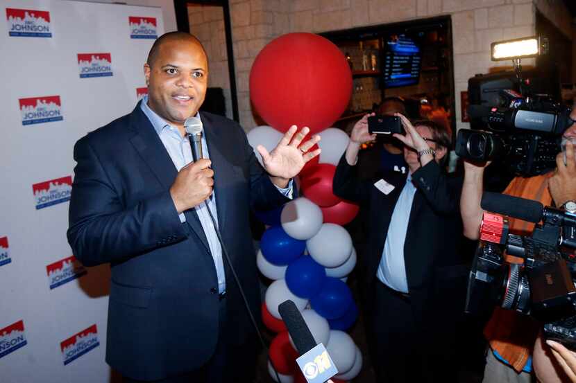 Eric Johnson, the state rep who wants to be Dallas' next mayor, celebrates his early lead...