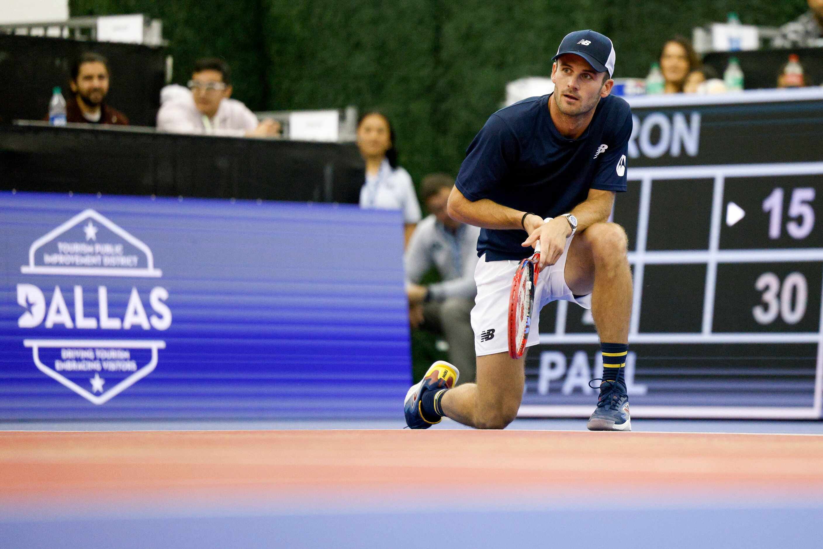 Tommy Paul of the U.S. reacts after hitting a shot out of bounds during the second set of...