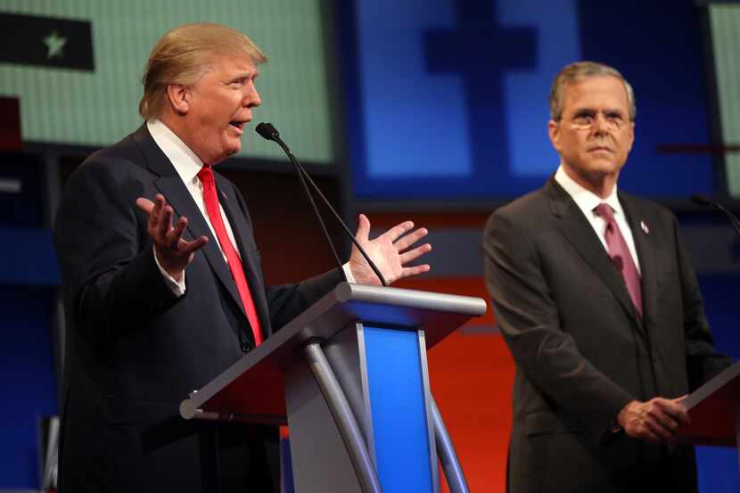 Donald Trump and Jeb Bush compete in the Fox News Channel Republican presidential debate at...
