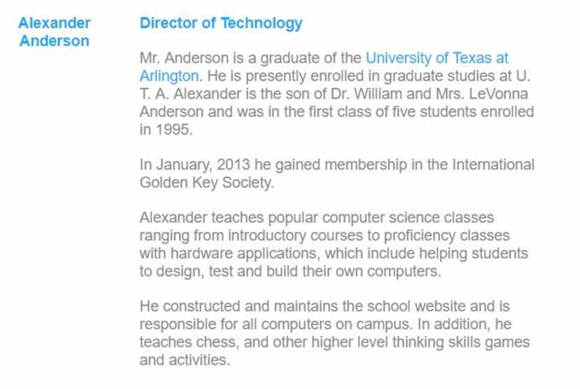 A screen grab from the website for Anderson Private School says Alexander Anderson is still...