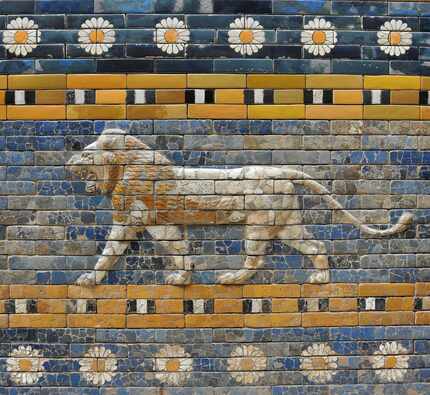 Glazed ceramic tiles from the gates of ancient Babylon (Iraq) depict a lion (604- 562 BC.) 