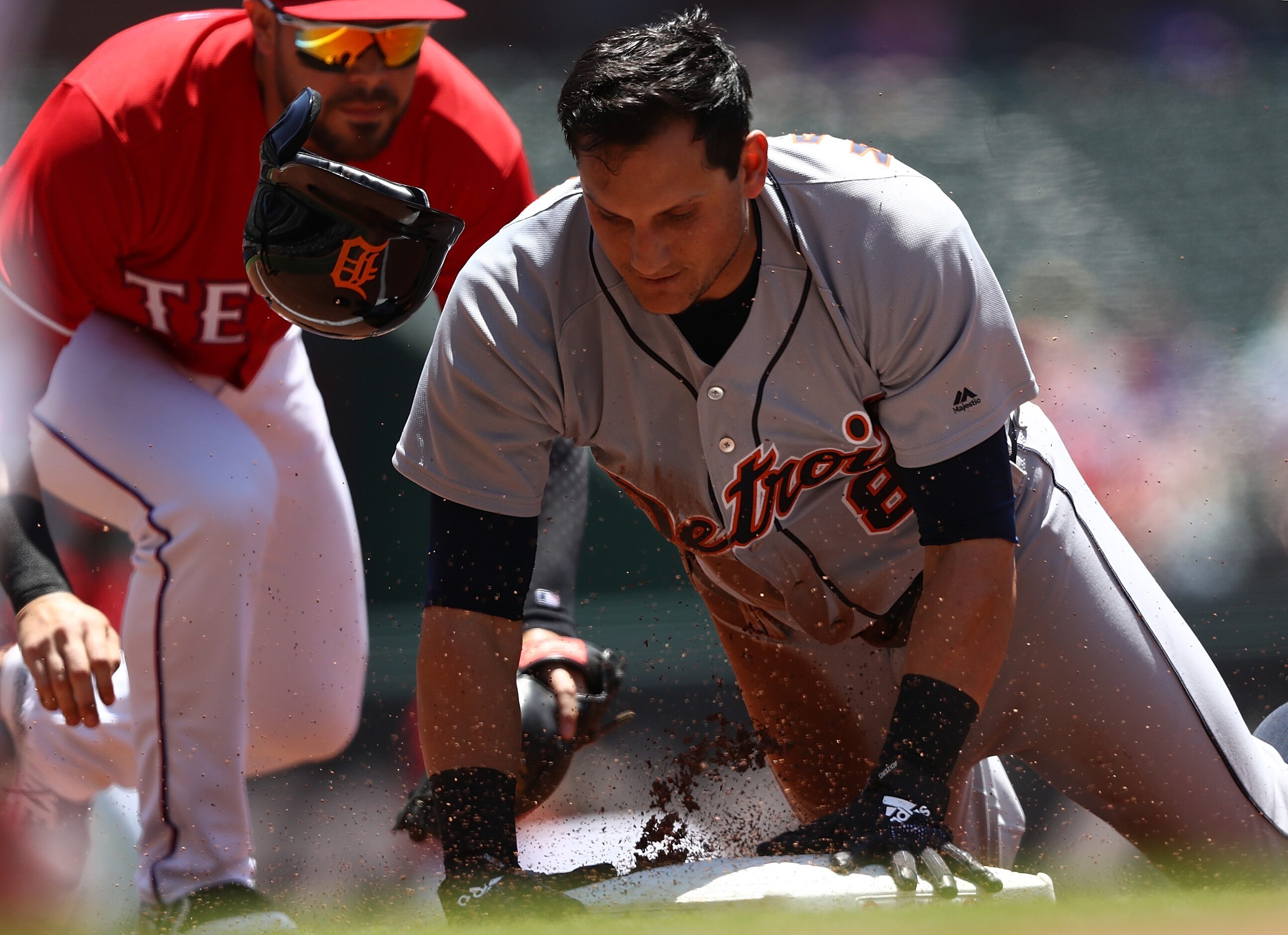 ARLINGTON, TX - MAY 09:  Mikie Mahtook #8 of the Detroit Tigers hits a triple against the...