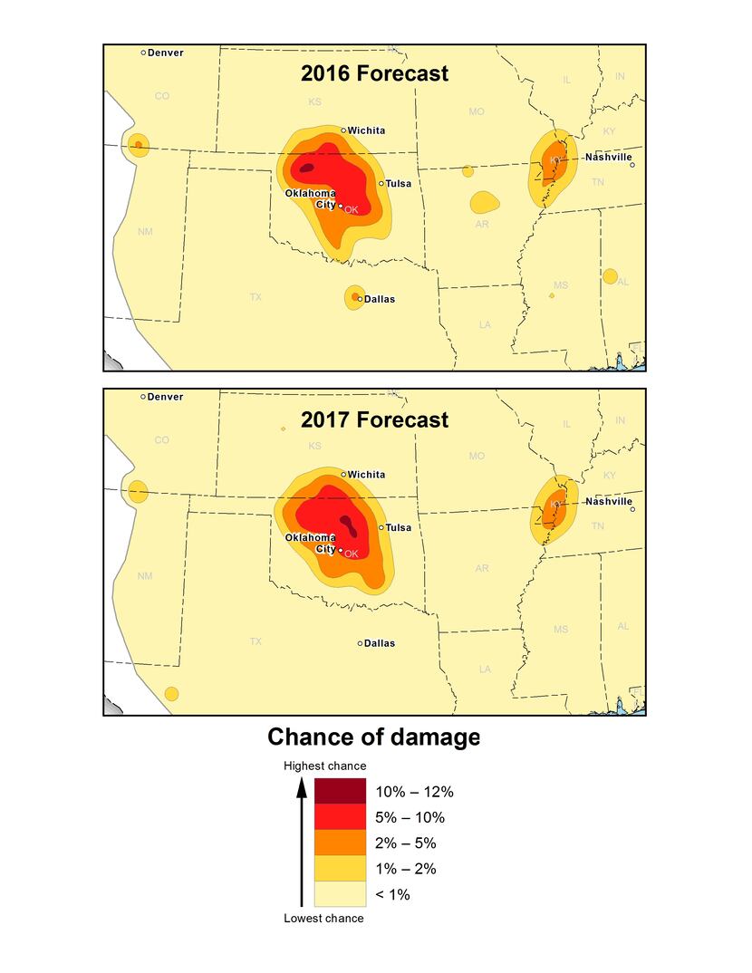 A comparison of USGS one-year hazard forecasts for 2016 and 2017 in the central and eastern...