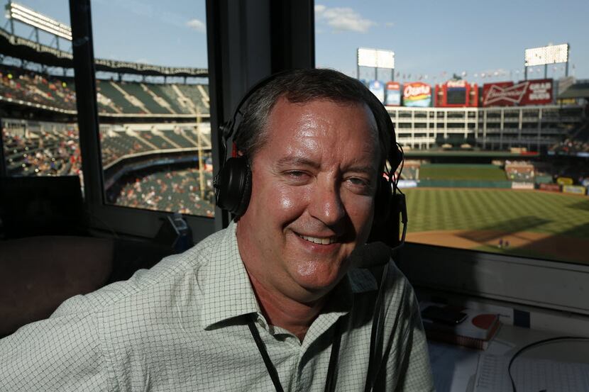 FILE - Texas Rangers broadcaster Matt Hicks is photographed in the radio booth before the...