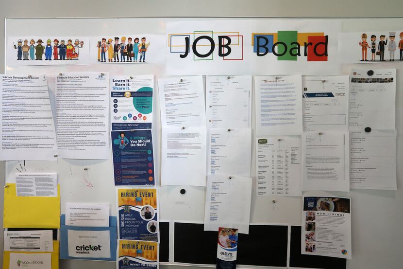 The job board at The Samaritan Inn of McKinney on June 1, 2023, shows opportunities. (Jason...