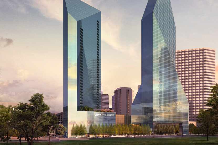 The planned Amli Fountain Place apartment high-rise will be built next to Dallas' landmark...