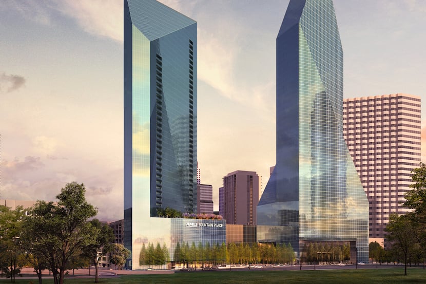 The planned Amli Fountain Place apartment high-rise will be built next to Dallas' landmark...
