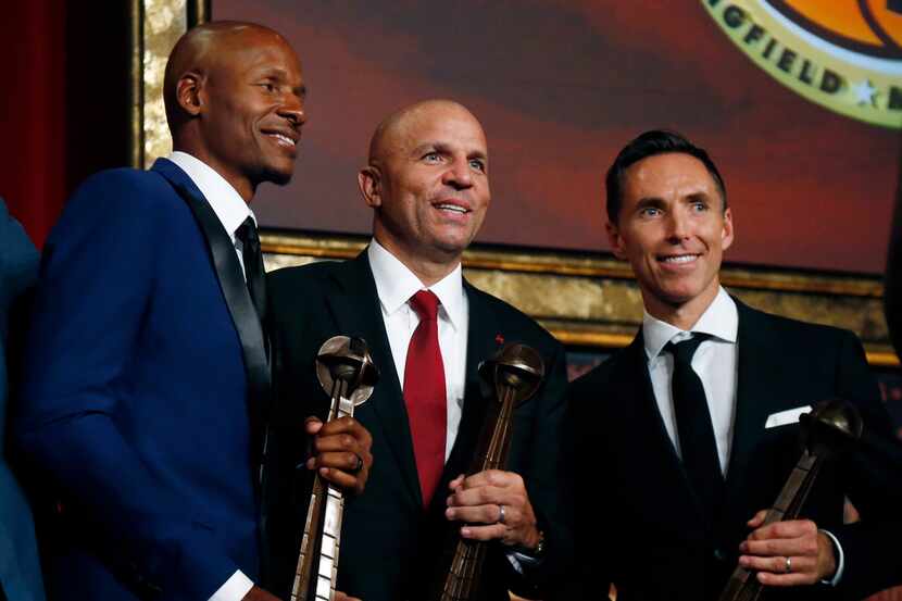 Ray Allen, Jason Kidd and Steve Nash, from left, pose for a photo after induction ceremonies...