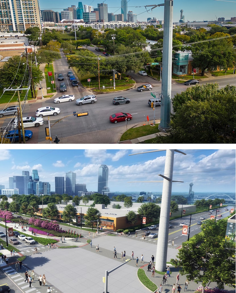 Top: Intersection of Hi Line Drive and Oak Lawn Avenue in the direction of downtown,...