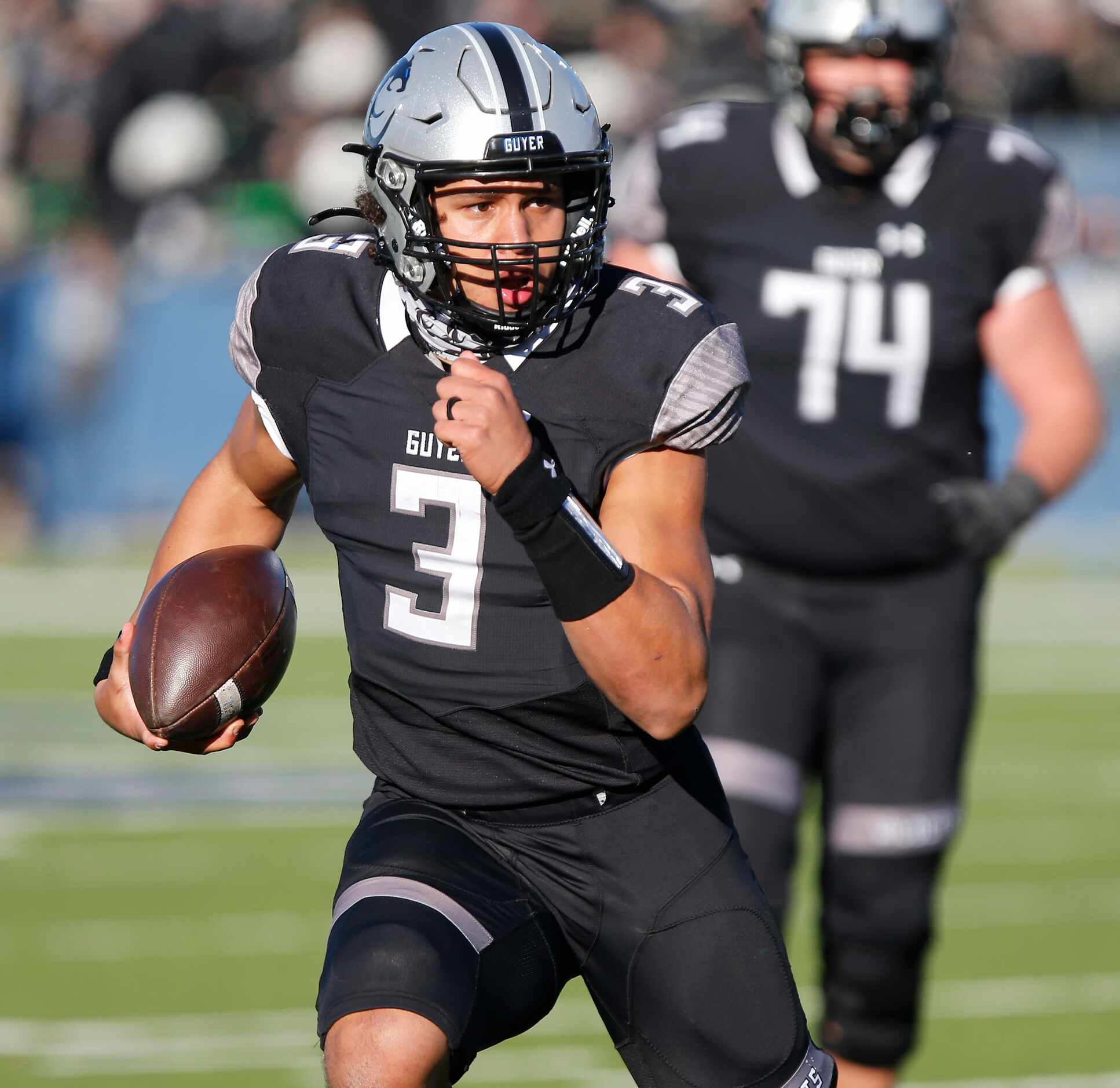 Denton Guyer High School quarterback Eli Stowers (3) scores a running touchdown during the...