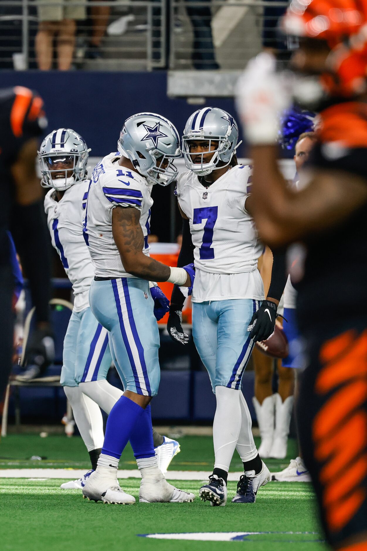 Dallas Cowboys cornerback Trevon Diggs (7) and linebacker Micah Parsons (11) during second...