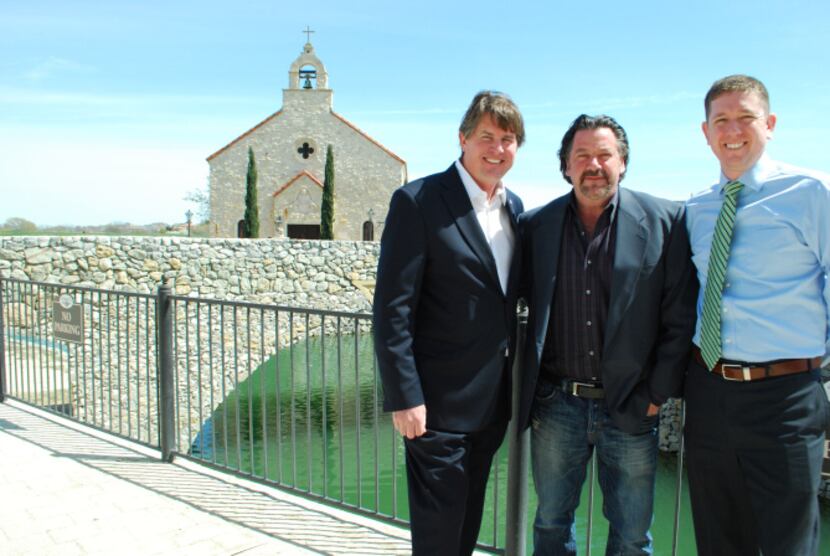 Jeff Blackard, George Fuller and Michael Quint stand outside the Bella Donna chapel, one of...
