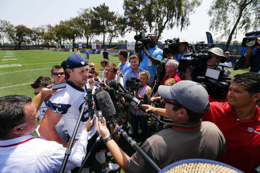 Dallas Cowboys tight end Jason Witten (82) visits with the media following the morning...