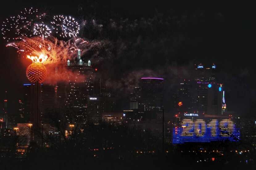 New Years Eve fireworks at Reunion Tower on Thursday December 31, 2018.