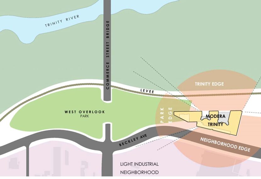 The Modera Trinity apartments would be built between Beckley Avenue and the river levee.