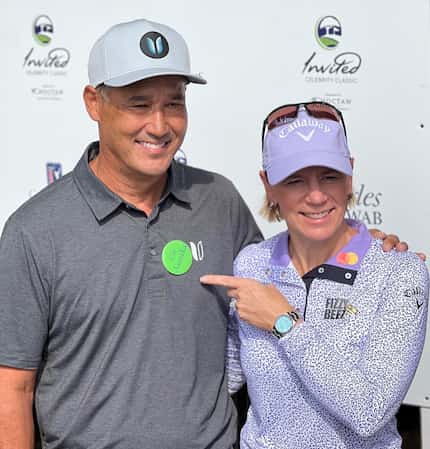 Annika Sorenstam and Dean Wilson answer questions during a news conference Thursday for the...