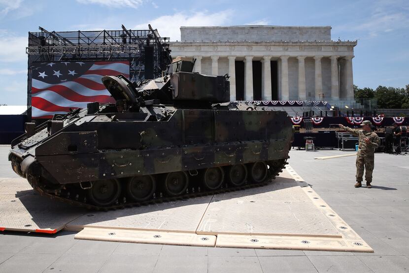 Members of the U.S. Army park an M1 Abrams tank in front of the Lincoln Memorial  ahead of...