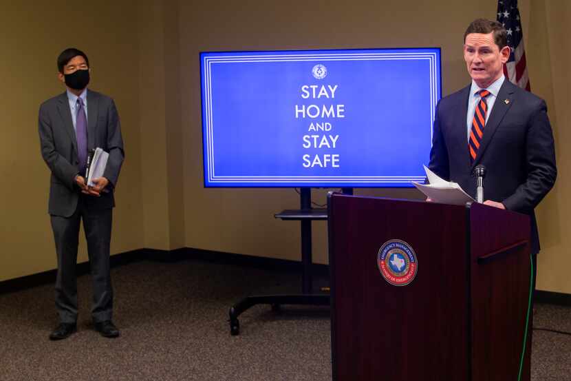Dallas County Judge Clay Jenkins speaks at a press conference about coronavirus case in...