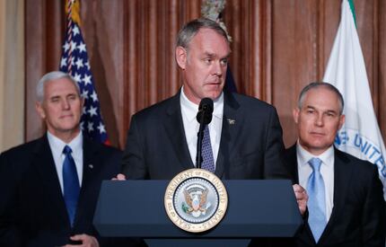 Interior Secretary Ryan Zinke speaks at EPA headquarters in Washington on Tuesday before...