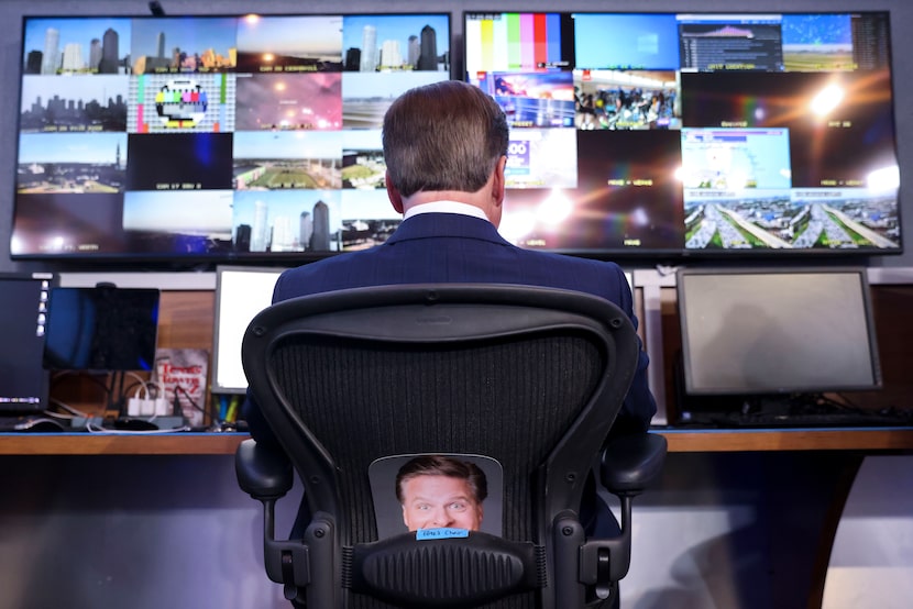 WFAA-TV chief meteorologist Pete Delkus waits at his chair ahead of his 5 p.m. weather...