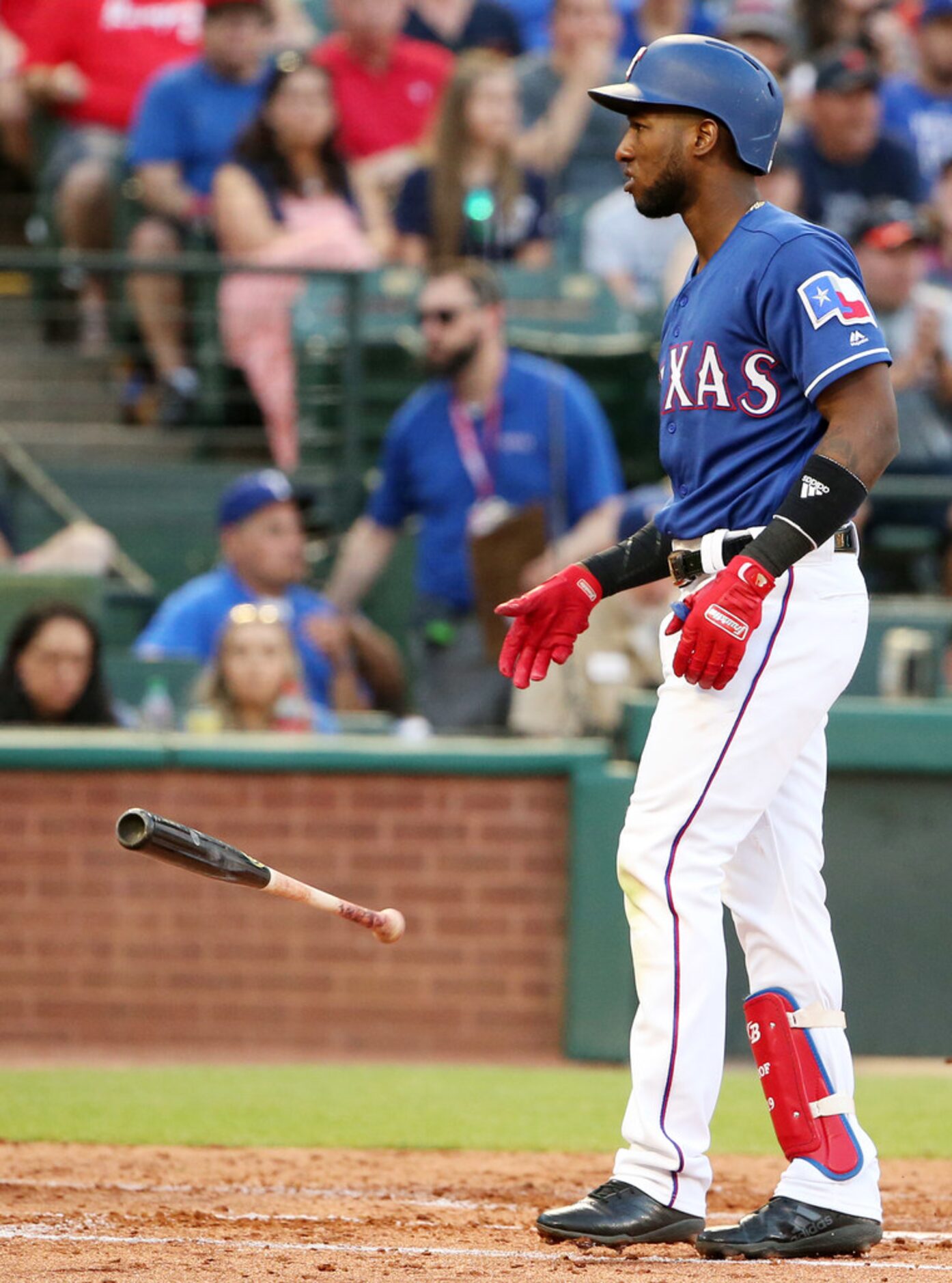 Texas Rangers shortstop Jurickson Profar (19) strikes out to end the second inning in a...