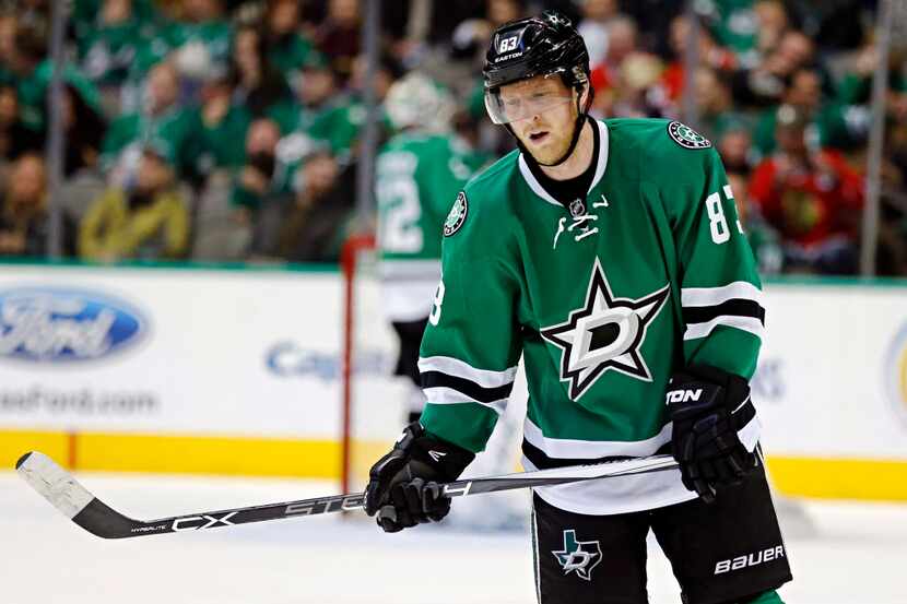 Dallas Stars right wing Ales Hemsky skates back to the bench after after a Chicago...