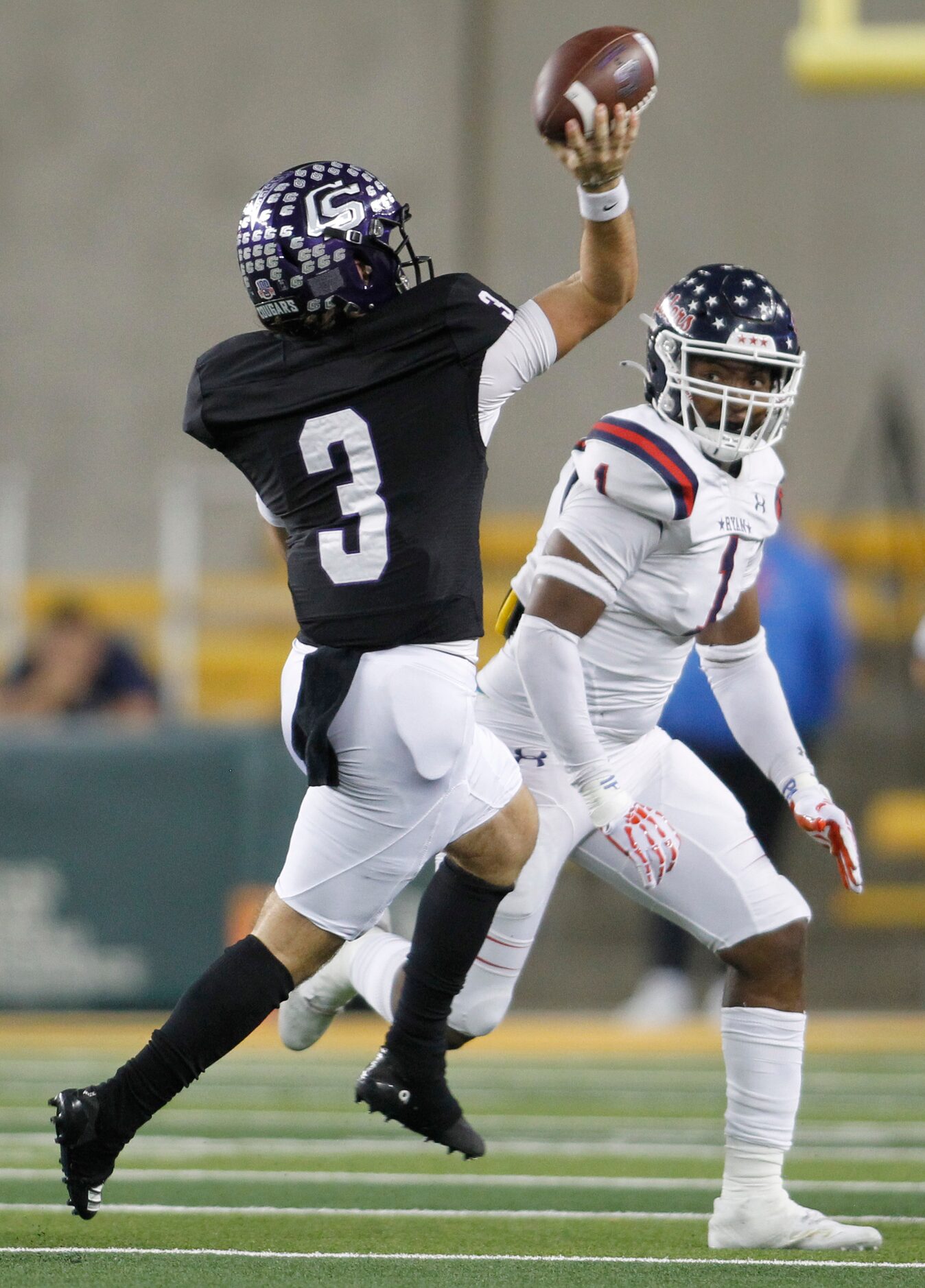 Denton Ryan defensive lineman MarQuice Hill ll (1) pressures College Station quarterback...