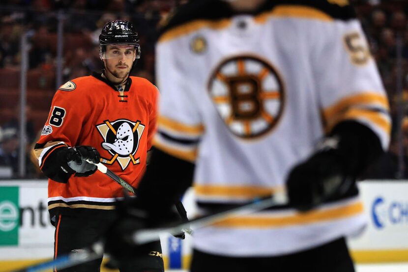 

ANAHEIM, CA - FEBRUARY 22: Nicolas Kerdiles #58 of the Anaheim Ducks looks on during the...