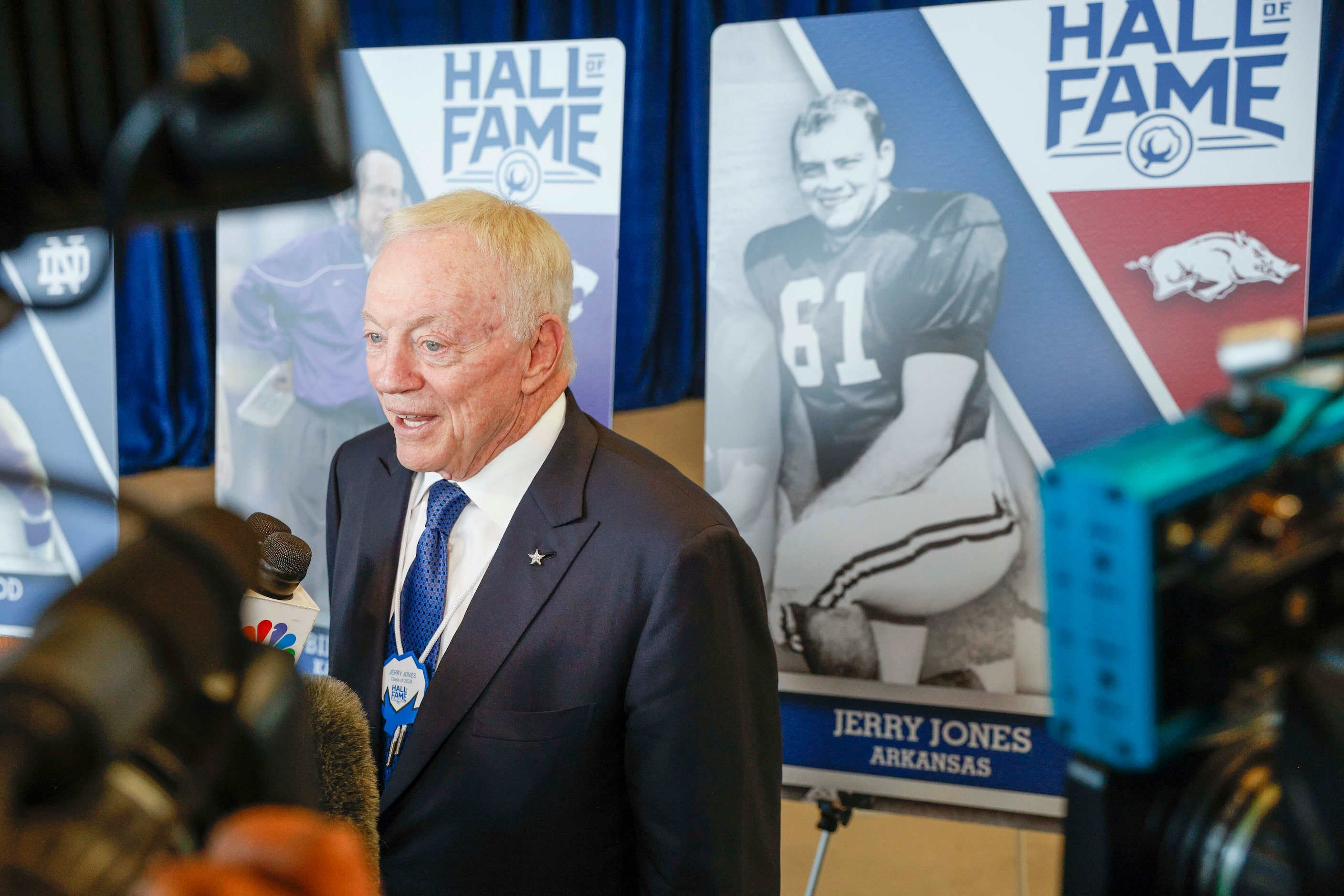 Dallas Cowboys owner Jerry Jones speaks with the media after the Cotton Bowl Hall of Fame...