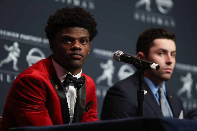 NEW YORK, NY - DECEMBER 10:  Lamar Jackson of the Louisville Cardinals answers a question...