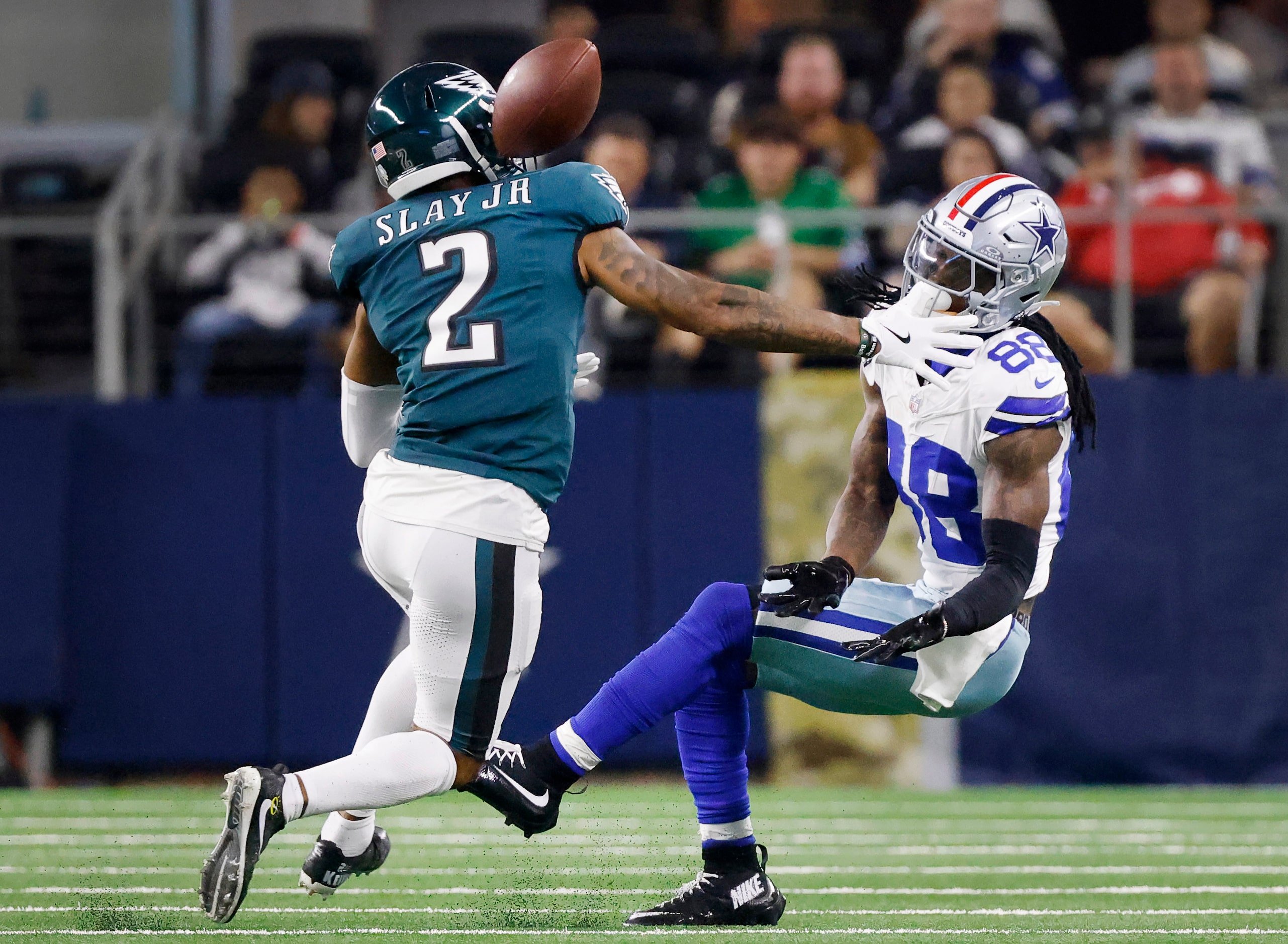 A Cooper Rush pass intended for wide receiver CeeDee Lamb (88) bounces off of Philadelphia...