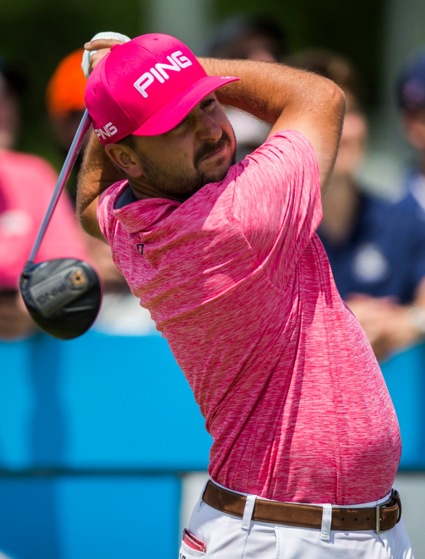 Stephan Jaeger tees off at hole 1 during round 4 of the AT&T Byron Nelson golf tournament on...