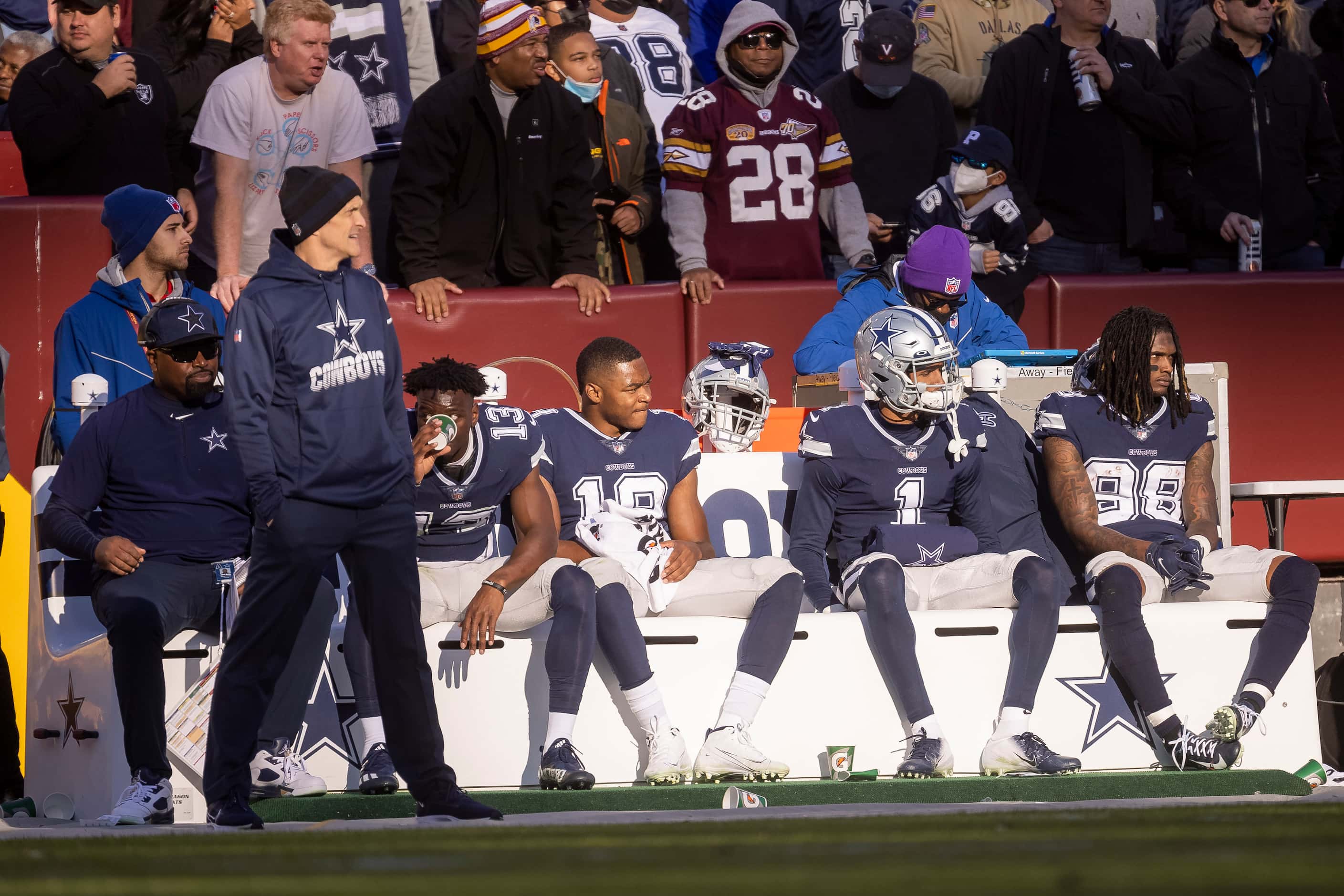 The Dallas Cowboys bench during during the second quarter of an NFL game against Washington...