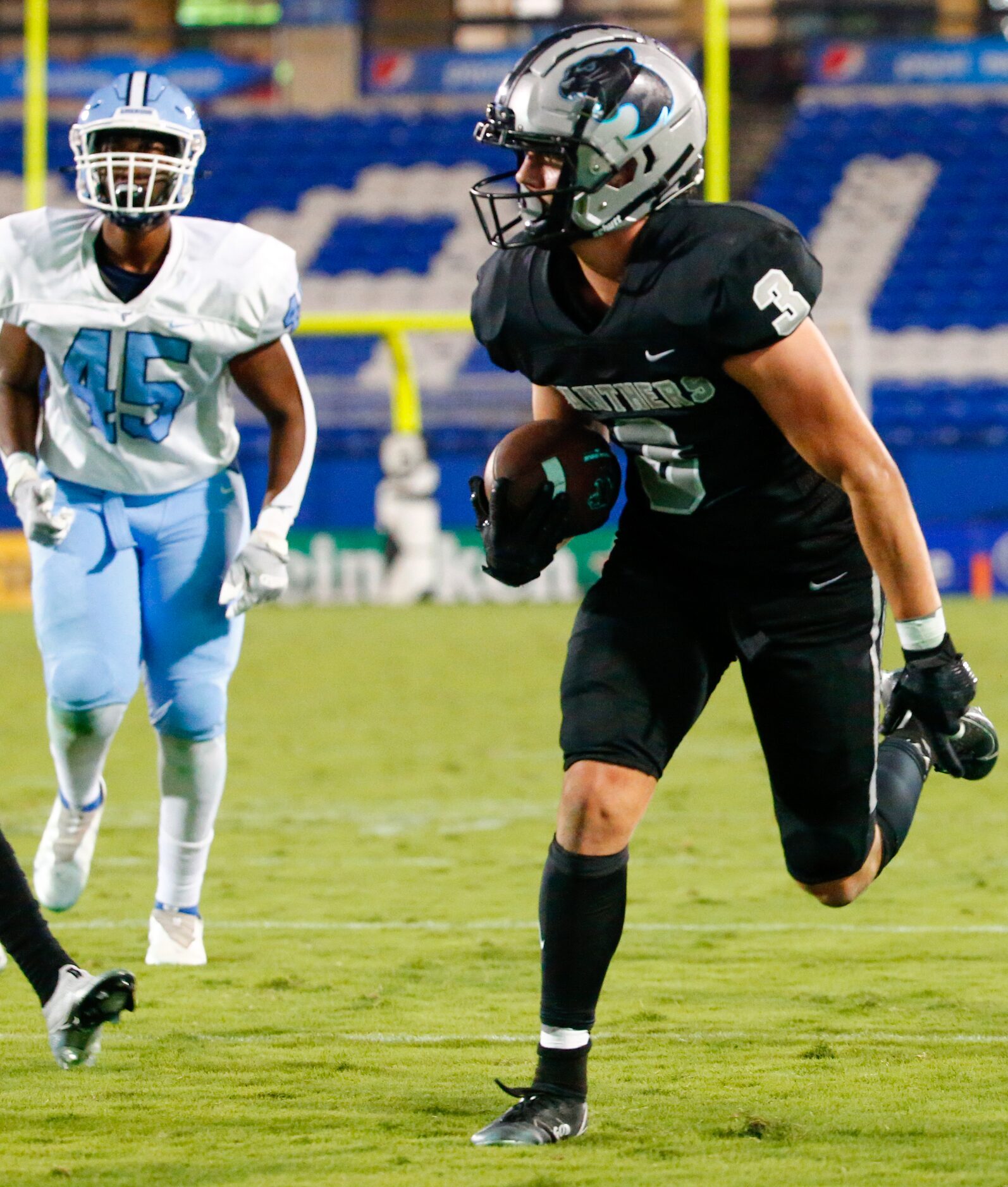 Panther Creek Panthers wide receiver Seth Jackson (3) runs into the end zone for a touch...