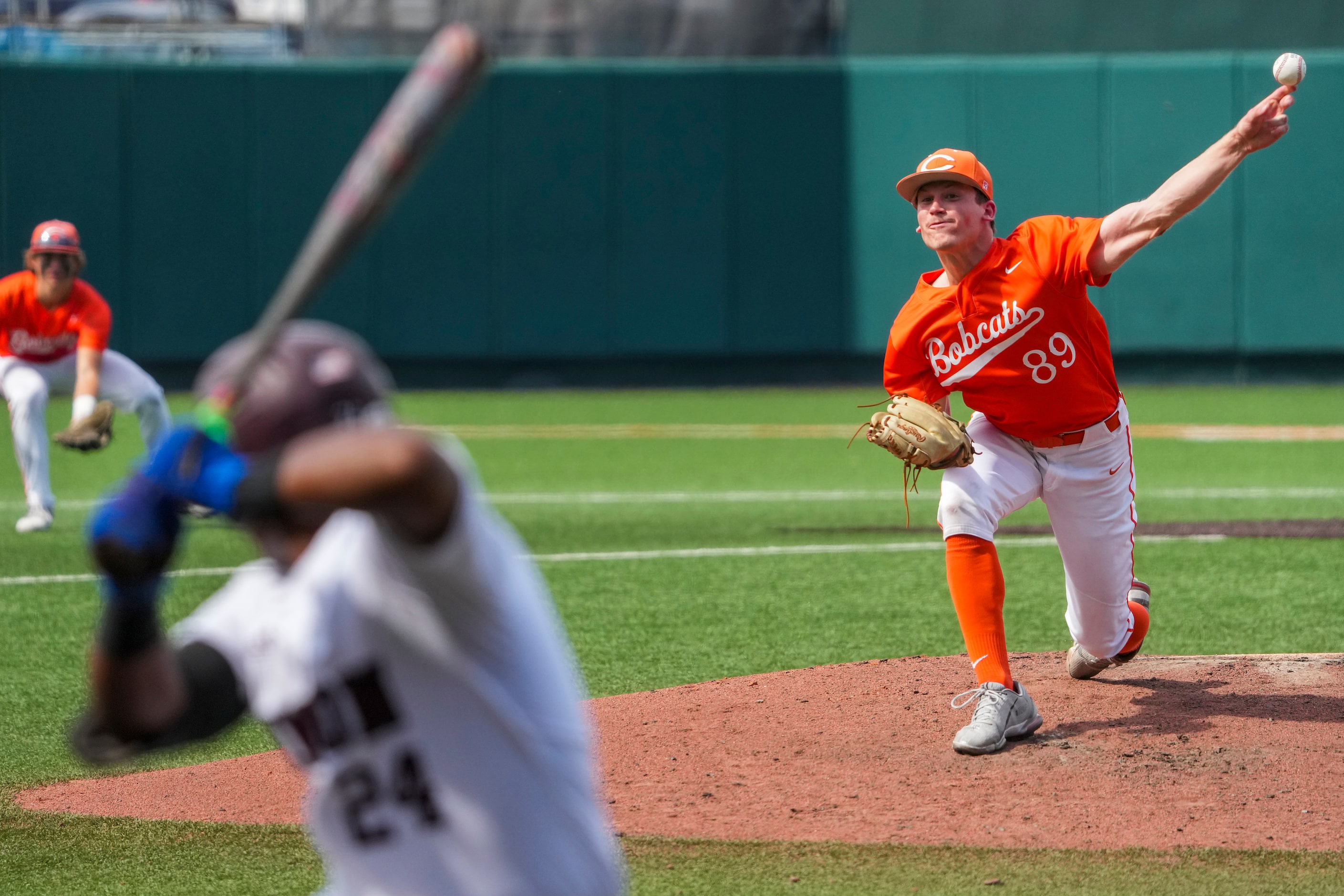 Celina pitcher RJ Ruais delivers during the first inning of a UIL 4A baseball state...