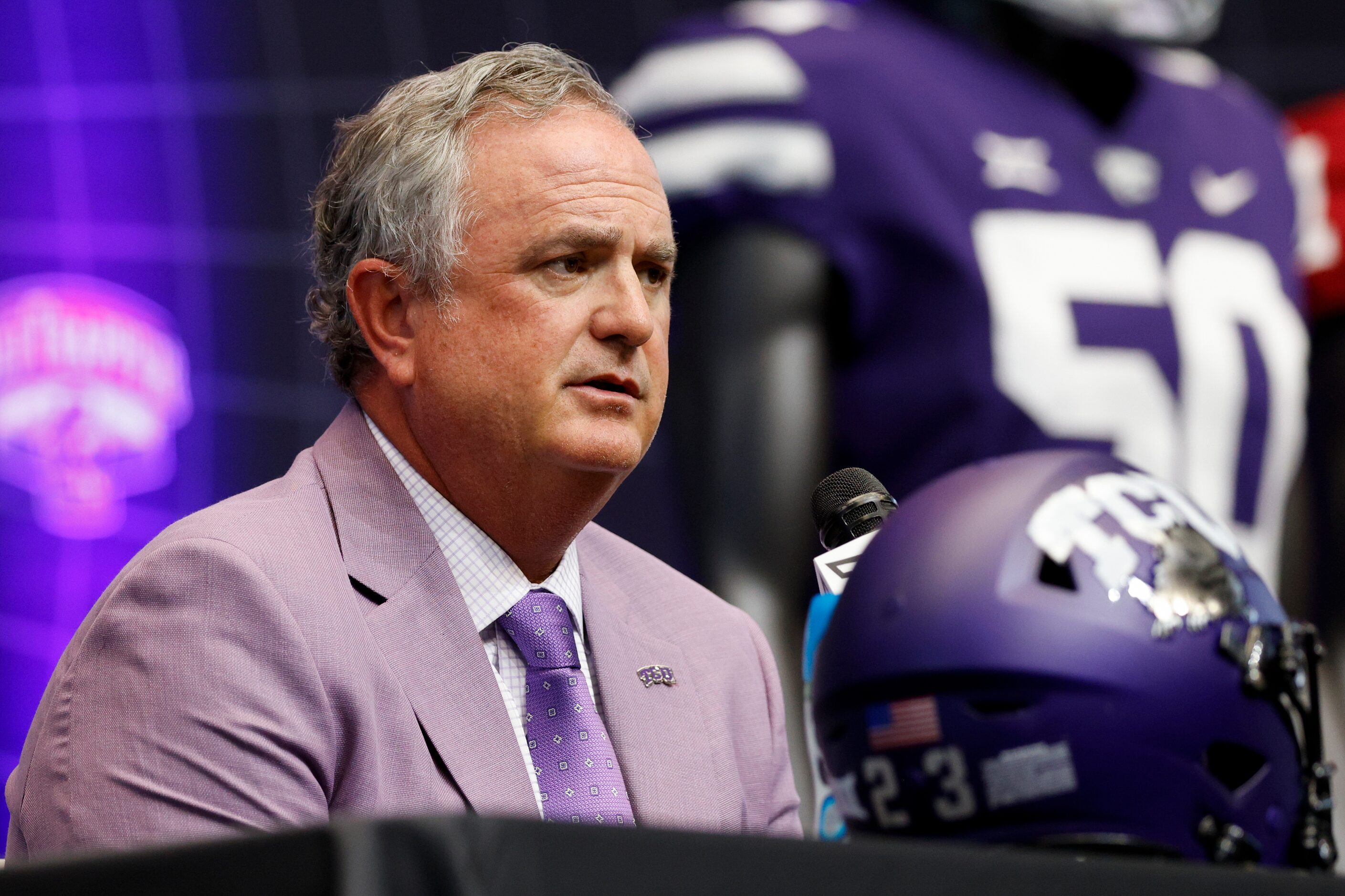 TCU head coach Sonny Dykes speaks during the Big 12 Media Days at AT&T Stadium, Wednesday,...