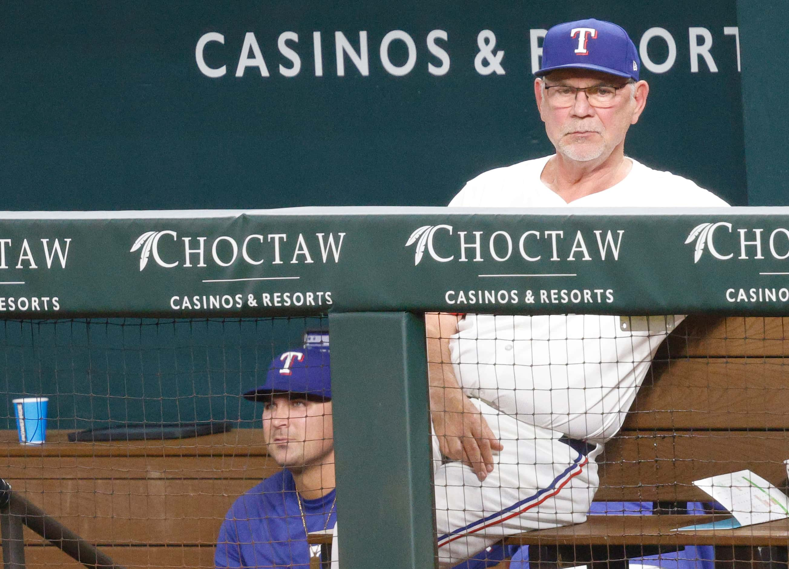 Texas Rangers manager Bruce Bochy (15) is seen after the fourth inning of a baseball...