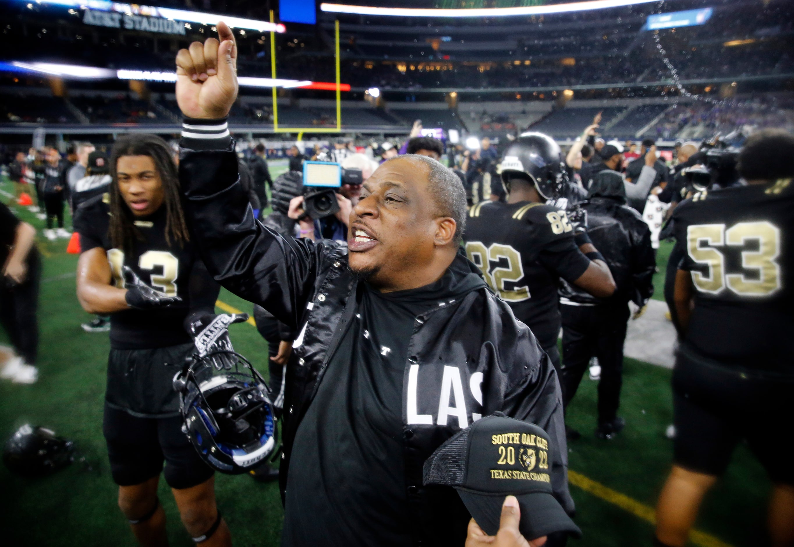 South Oak Cliff head coach Jason Todd celebrates their Class 5A Division II state football...