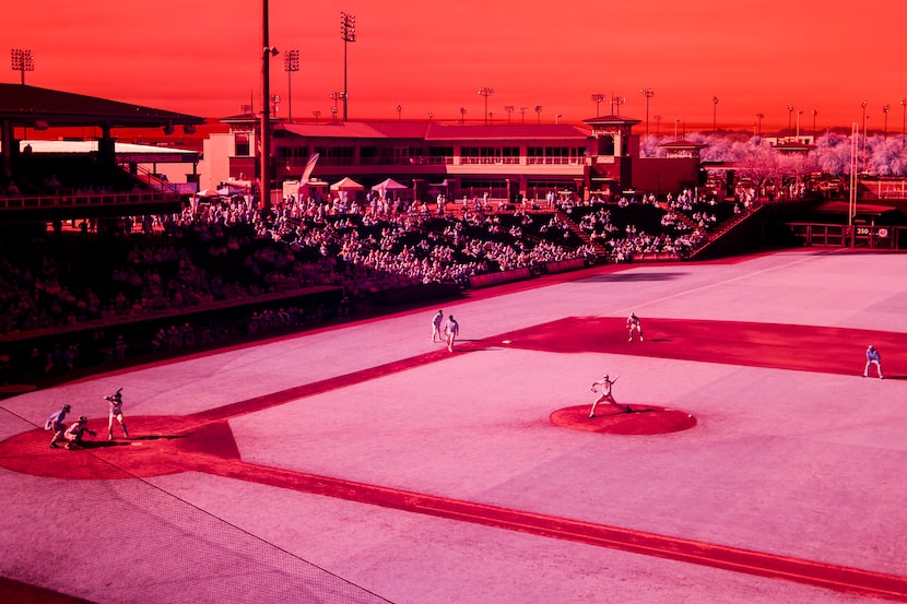 The Rangers face the Milwaukee Brewers during a spring training game at Surprise Stadium.