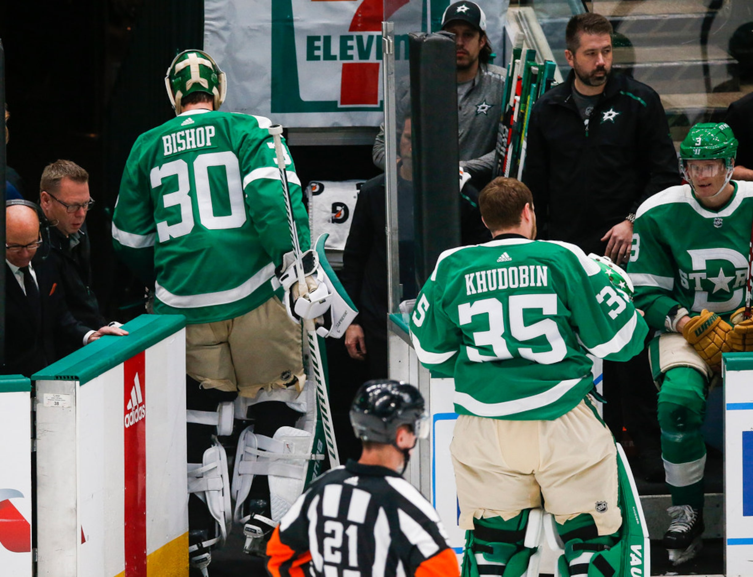 Dallas Stars goaltender Ben Bishop (30) subs out with goaltender Anton Khudobin (35) during...